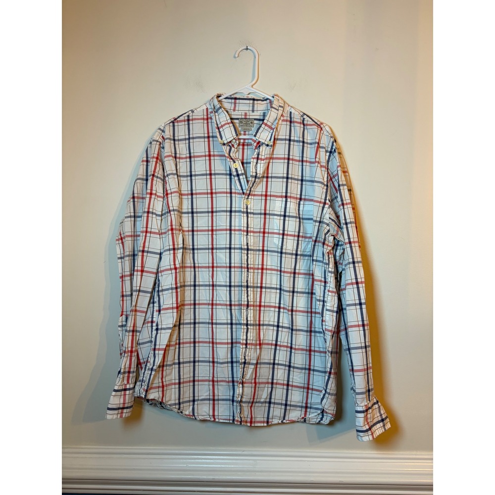 J.Crew Button Down Shirt Mens XL Plaid White Navy Red Long Sleeve Cotton